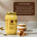 Brijka A2 Gir Cow Ghee jar with a bowl of ghee and sweets 